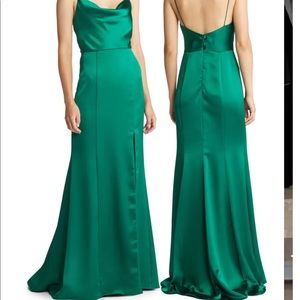 Amsale Champagne cowl neck satin bridesmaids dress